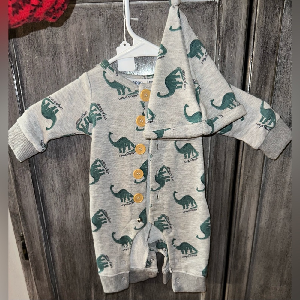 Life is Good 0-3 Month Dinosaur Romper with Cap
